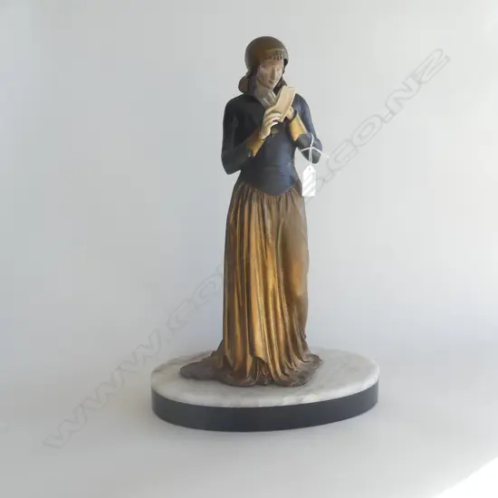 ART DECO STYLE METAL FIGURINE WOMAN READING bronzed finish on marble base H.450mm.