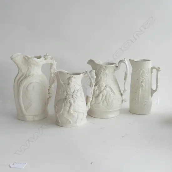 4 VICTORIAN PARIAN WARE JUGS  EACH EMBOSSED WITH FIGURES INC. PRINCE CONSORT (H.185, 2 x 200 & 240mm) 2 A/F