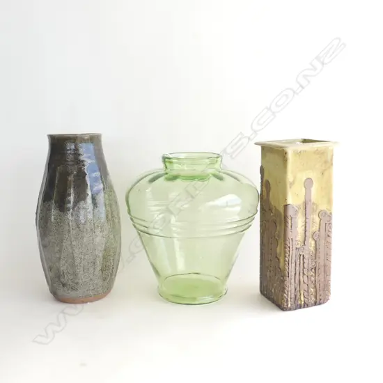 3 LG VASES; 2 POTTERY, 1 WITH STAMP TO BASE (H. 280 & 300MM), & GREEN GLASS VASE H. 290, DIA 260MM