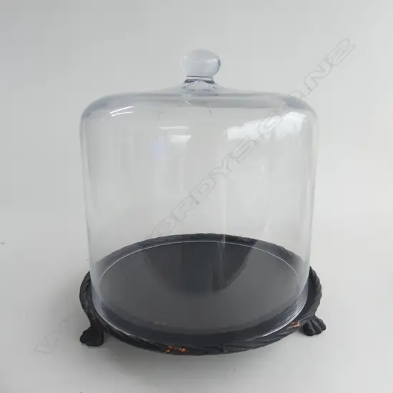 LARGE GLASS FOOD DOME & 3 FOOTED METAL PLATE H.340 / 320mm dia