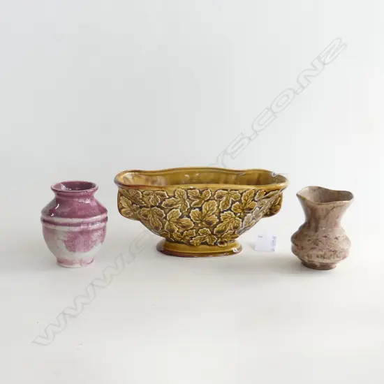 CROWN LYNN VASES;  HONEY GLAZE  2092 (L. 205MM) & 2 TRICKLE GLAZE  NOS 63 & 64 (H90 & 85MM)