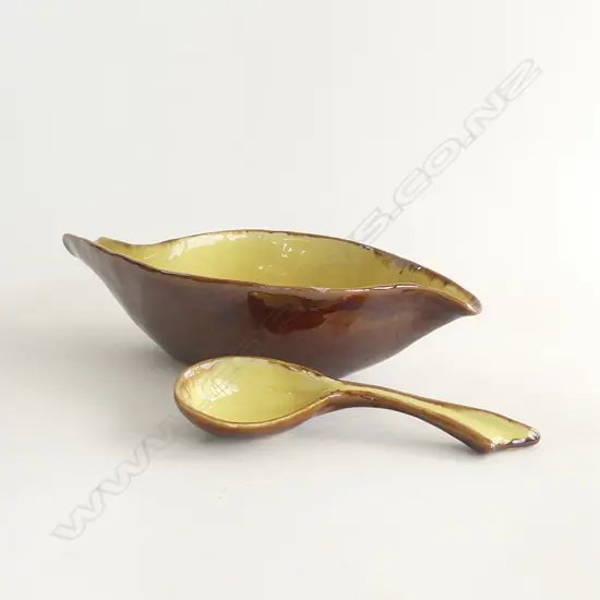 MOLLÉ POTTERY DISH (L 260MM) & SPOON (L 175MM) ETCHED SIGNATURE TO BASE OF DISH