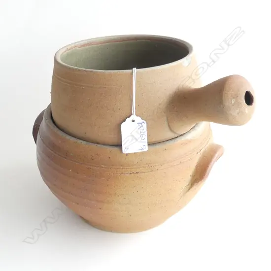 2 ST IVES POTTERY STANDARD WARE UNLIDDED CASSEROLES 210mm dia (handled pot w. rim chip)