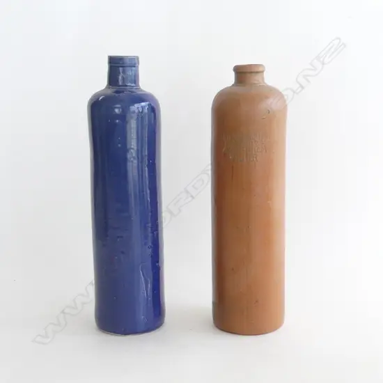 2 OLD STONEWARE BOTTLES; 1 BLUE JAMES BREAM NY & 1 ERVEN LUCAS AMSTERDAM H. 285 & 280MM