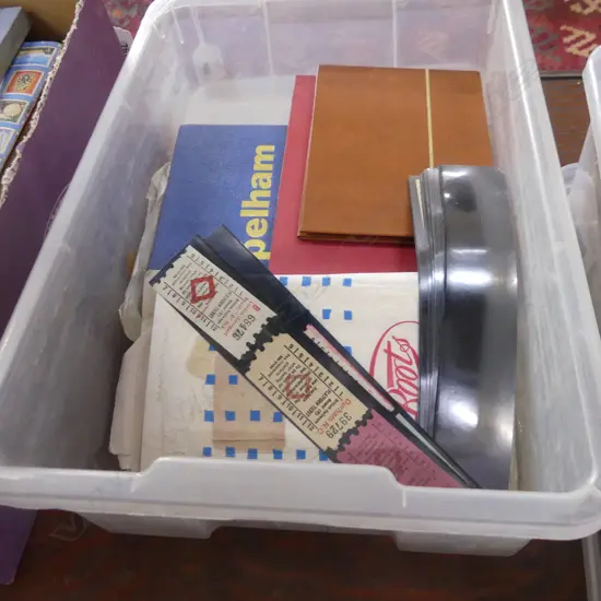 TRAY OF STAMP ALBUMS VINTAGE ENGLISH RAILWAY TICKETS ETC