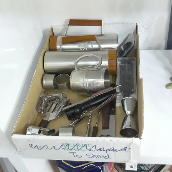 SM BOX ASST BAR UTENSILS INCL WINE AIR VAC ETC. PLUS PEWTER TANKARDS ETC..