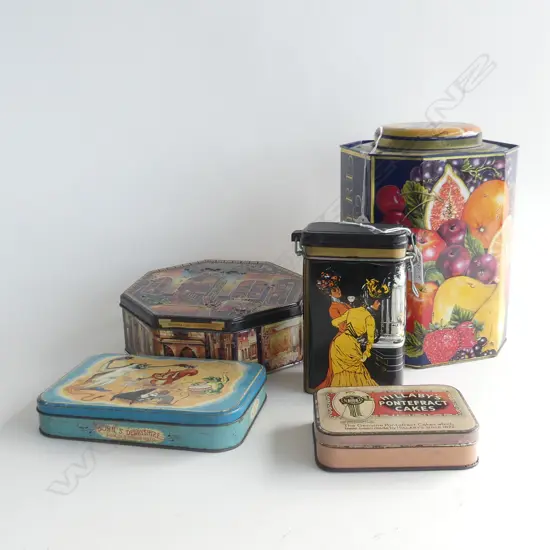 5 DECORATIVE TINS:  INCLDS 2 VINTAGE + MCINTYRES & ROSE LGE ETC 