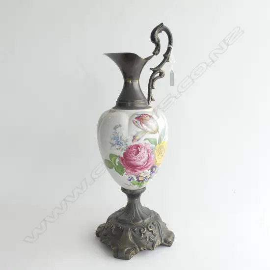 LARGE METAL AND EARTHEN WARE FLORAL EWER H 500 MM GLAZE WITH CRAZING