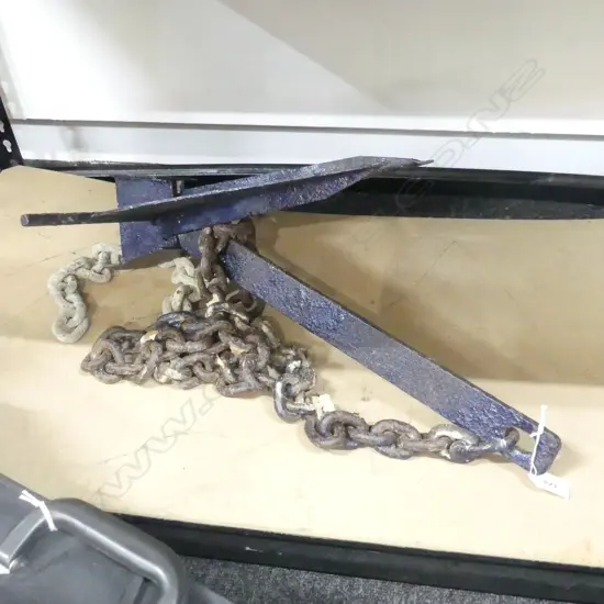 BLUE PAINTED CAST IRON BOAT ANCHOR w. CHAIN H.600mm
