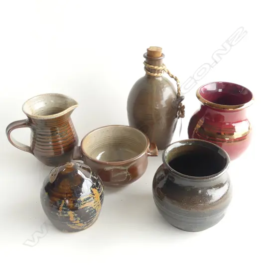 5 NZ STUDIO POTTERY PCES. & 1 JAPANESE SAKE FLASK