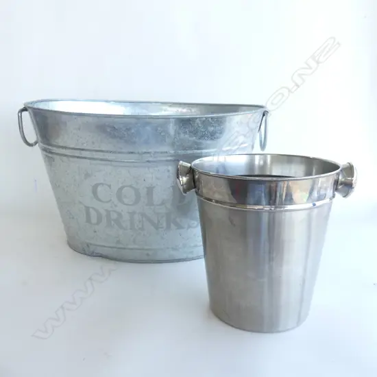 LGE 'COLD DRINKS' GALVANIZED METAL ICE BUCKET W.470mm + CHAMPAGNE BUCKET H.215mm