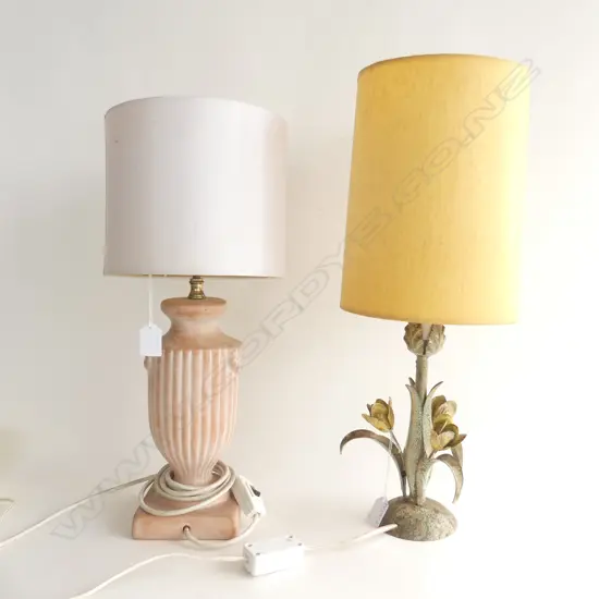 2 LAMPS; METAL FLORAL w. YELLOW SHADE H.525mm, CERAMIC URN SATIN SHADE H.460mm