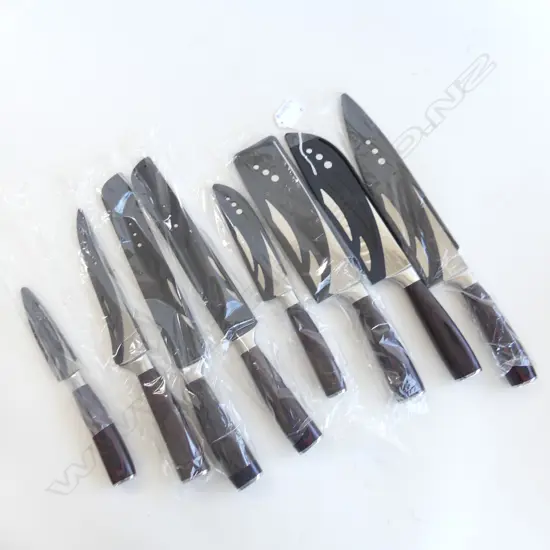SET OF 8 JAPANESE CHEFS KNIVES w. LASER ETCHED DAMASCUS BLADE FINISH / EBONISED WOOD GRAIN HANDLES L.355mm