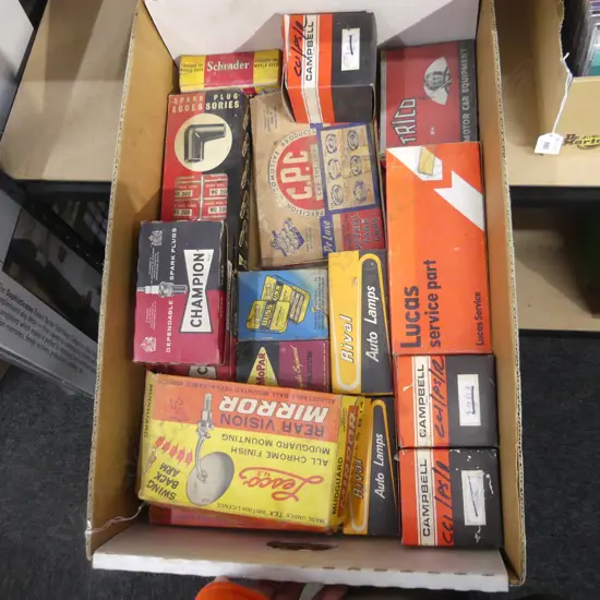 BOX LOT VINTAGE CAR EQUIPTMENT; BULBS, FUSES, SPARK PLUGS ETC ALL IN ORIG. BOXES