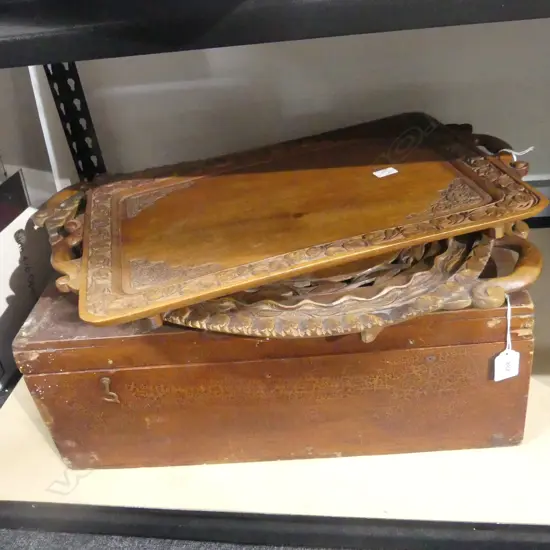 2 CARVED WOODEN ASIAN TRAYS + LGE WOODEN BOX AF W.510mm