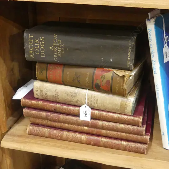 THE NEW BOOK OF THE DOG’, ROBt LEIGHTON 1859, 4 VOL SET, RED ALLIGATOR CLOTH w GILT SPINES. ALONG w 3 OTHER VINTAGE VOLS