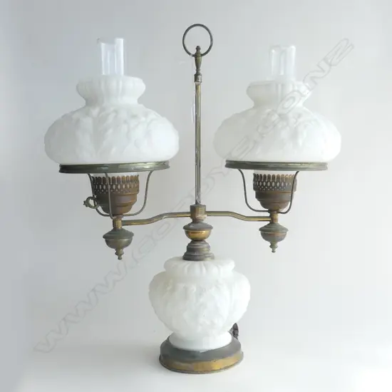 WHITE FENTON GLASS DOUBLE KERO LAMP (ELECTRIFIED) H.580mm