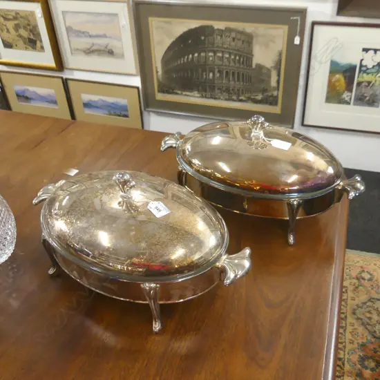 PR LG OVAL GLASS LINED SILVER PLATE SERVING DISHES WITH LIDS L 430MM (EX SULTAN OF BRUNEI)