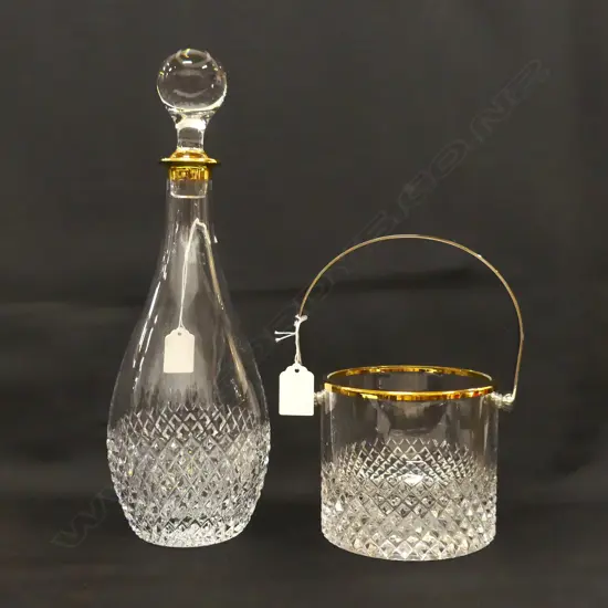CUT GLASS, GOLD RIMMED ICE BUCKET (DIA 125MM) & MATCHING DECANTER (H. 350MM) (EX SULTAN OF BRUNEI)