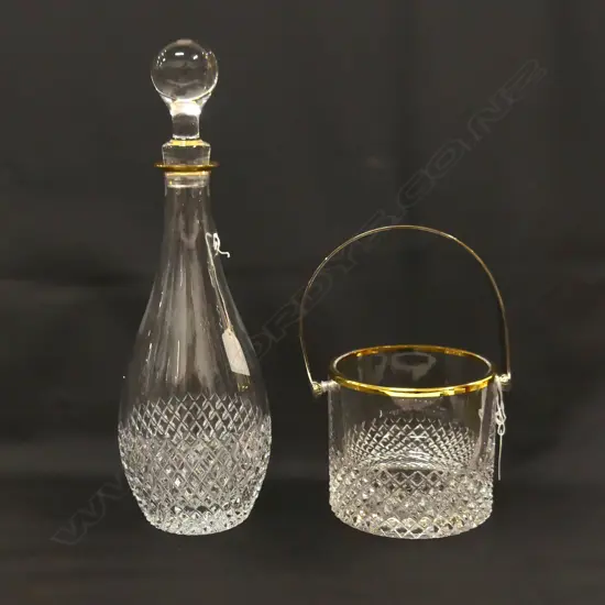CUT GLASS, GOLD RIMMED ICE BUCKET (DIA 125MM) & MATCHING DECANTER (H. 350MM) (EX SULTAN OF BRUNEI)