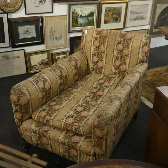 SEMI-CHAISE ENGLISH ARMCHAIR IN STRIPED UPHOLSTERY c.1920 660x1000x830mm