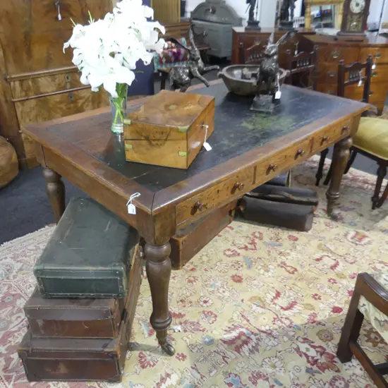 ANTIQUE OAK LEATHER TOPPED LIBRARY TABLE - HOLLAND & SONS c.1840 TURNED LEGS ON CASTORS 1520x910x750mm 
