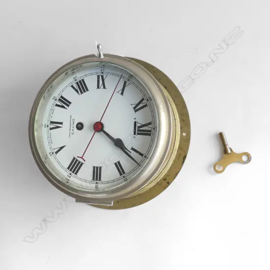SMITH'S ENGLISH OLD SILVERED BRASS SHIP'S DECK CLOCK W KEY Dia.200mm. Enamel dial. Working