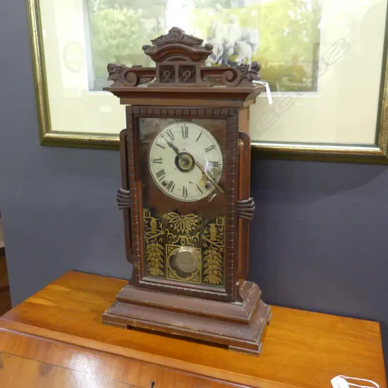 VINTAGE WOODEN WALL PENDULUM CLOCK, KEY INCLUDED  H. 570MM
