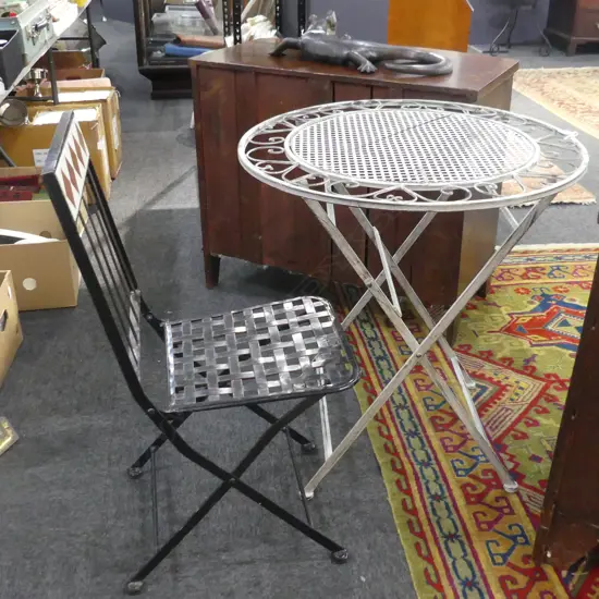 METAL OUTDOOR PATIO TABLE  700mm dia & FOLDING CHAIR