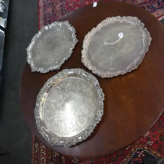 3 ORNATE SILVER PLATE TRAYS 450mm dia