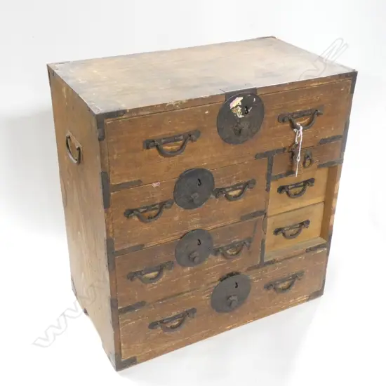 JAPANESE DARK STAINED WOODEN  7 DRAWER TANSU CHEST - 7 DRAWERS - WITH KEY 565 X 320 X 600MM...