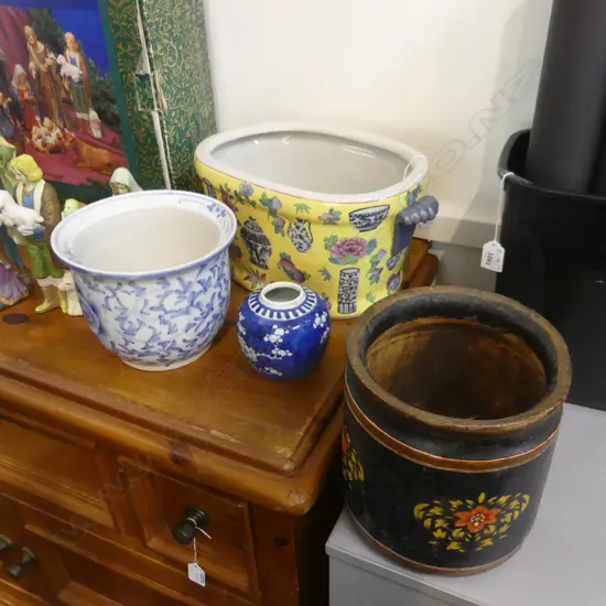 4 ORIENTAL PCES; PAINTED WOODEN CONTAINER H.200m + 3 PCES CERAMICS, YELLOW PLANTER FAULTED W.380mm