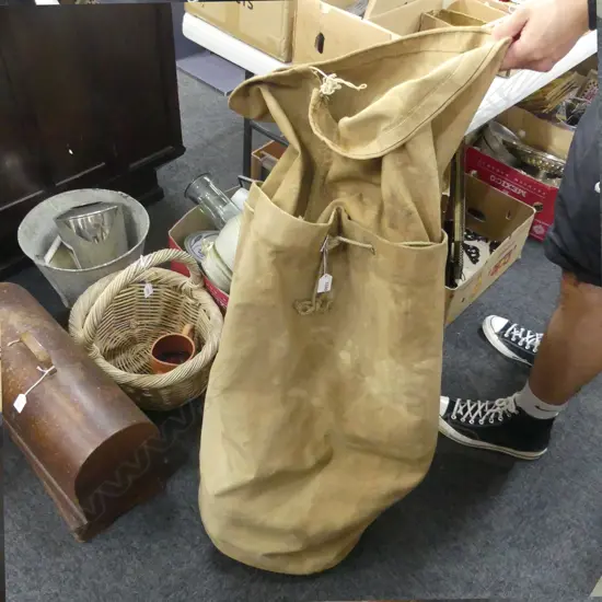 2 CANVAS DUFFLE BAGS; GREEN & TAN