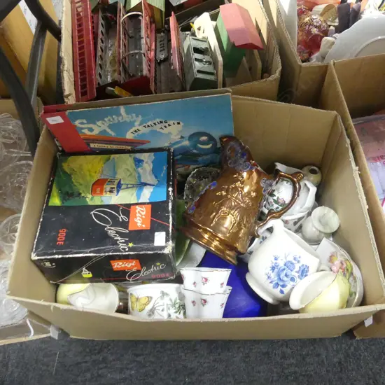 BOX LOT ASST. CHINA; PORTMEIRION (chipped) etc+ TALKING TRAIN RECORD + RIGI ELECTRIC GONDOLA TOY