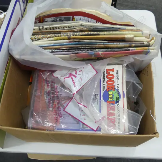 BOX LOT MAGS PAPERS ETC