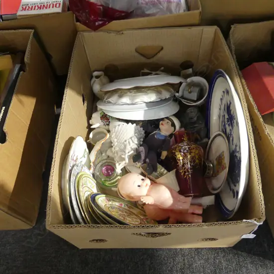 BOX LOT ASST. CHINA, PLATES, GLASS, DOLLS
