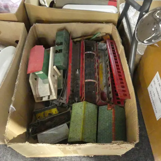 TIN TRAIN CARRIAGES, BUILDINGS, TRACKS ETC.