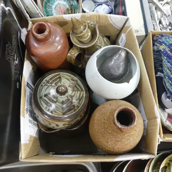 BOX LOT ASST. STUDIO POTTERY incls. (Bernard) Leach standard ware lidded preserve pot