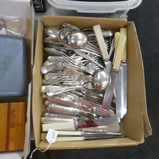 ASST. SILVER PLATE CUTLERY INCL. 10 IVORINE 'BONE' HANDLED KNIVES