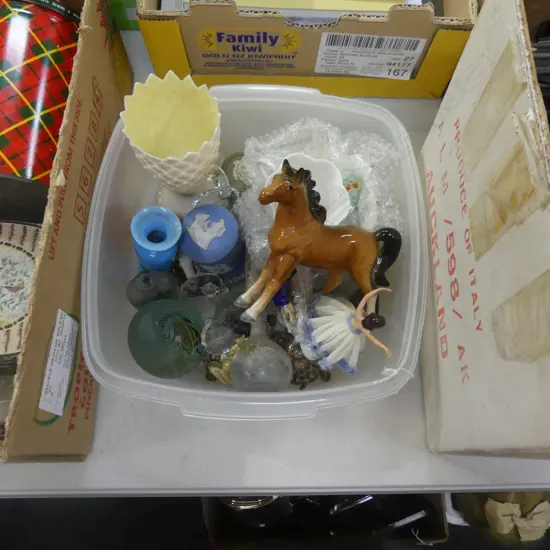 BOX LOT ASST. GOOD CHINA; TRINKETS ETC