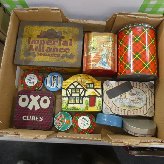 BOX 12 VINTAGE TINS INCL. IMPERIAL TOBACCO WELLINGTON, TUCKERS ETC..