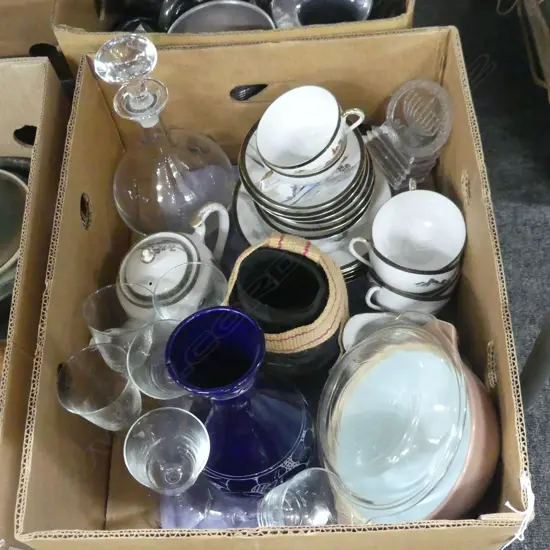 BOX LOT JAPANESE TEASET DECANTER GLASSES ETC