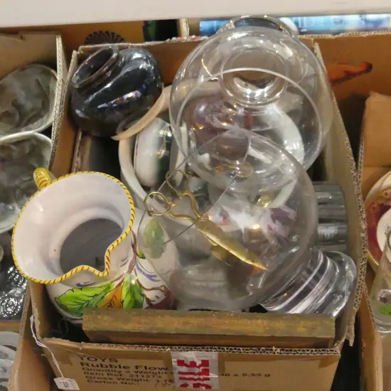 BOX LOT ASST.; CHINA, GREEN GLASS, JUG, POTTY, PR GLASS ORB VASES ETC