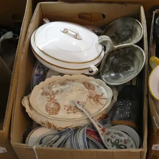 LG BOX ASST; CHINA, POTTERY, CHOPSTICKS, ORIENTAL DISHES & SPOONS ETC..