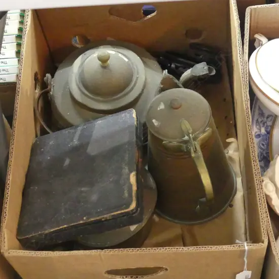 BOX ASST INC. CHROME PLATE FISH SET, COPPER KETTLES ETC..