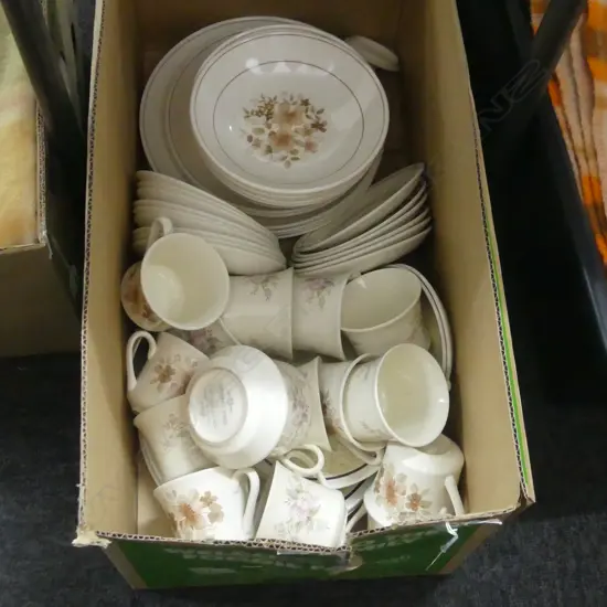 BOX LOT CROWN LYNN DINNERWARE AND PART TEASETS. ONE PATTERN " SPRING FAIR' OTHER TWO BROWN STRIPED & FLORAL ACCENTS.