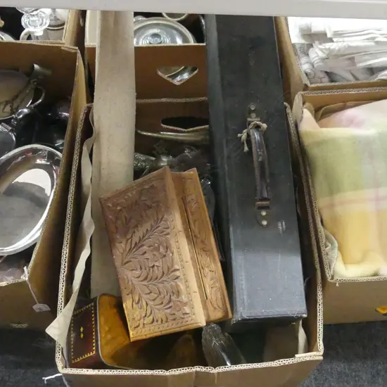 BOX LOT ASST. CASED VIOLIN, TIN, THAI DANCER OIL ON CANVAS (rolled), 6 CHAMPAGNE FLUTES