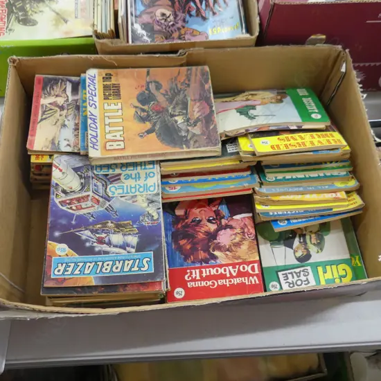 BOX ASST VINTAGE COMIC PICTURE BOOK EG. COWBOY ADVENTURES, WAR, DETECTIVE, TRUE LIFE, ROMANCE & STAR BLAZER. APPROX 100 
