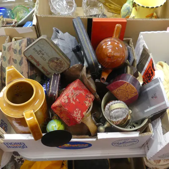 BOX LOT ASST.; COFFEE POTS, EGG CUPS ETC