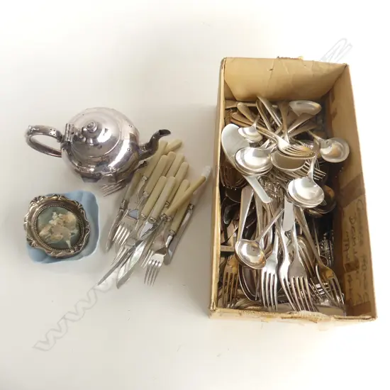 BOX LOT ASST. SILVER PLATE CUTLERY, TEAPOT ETC